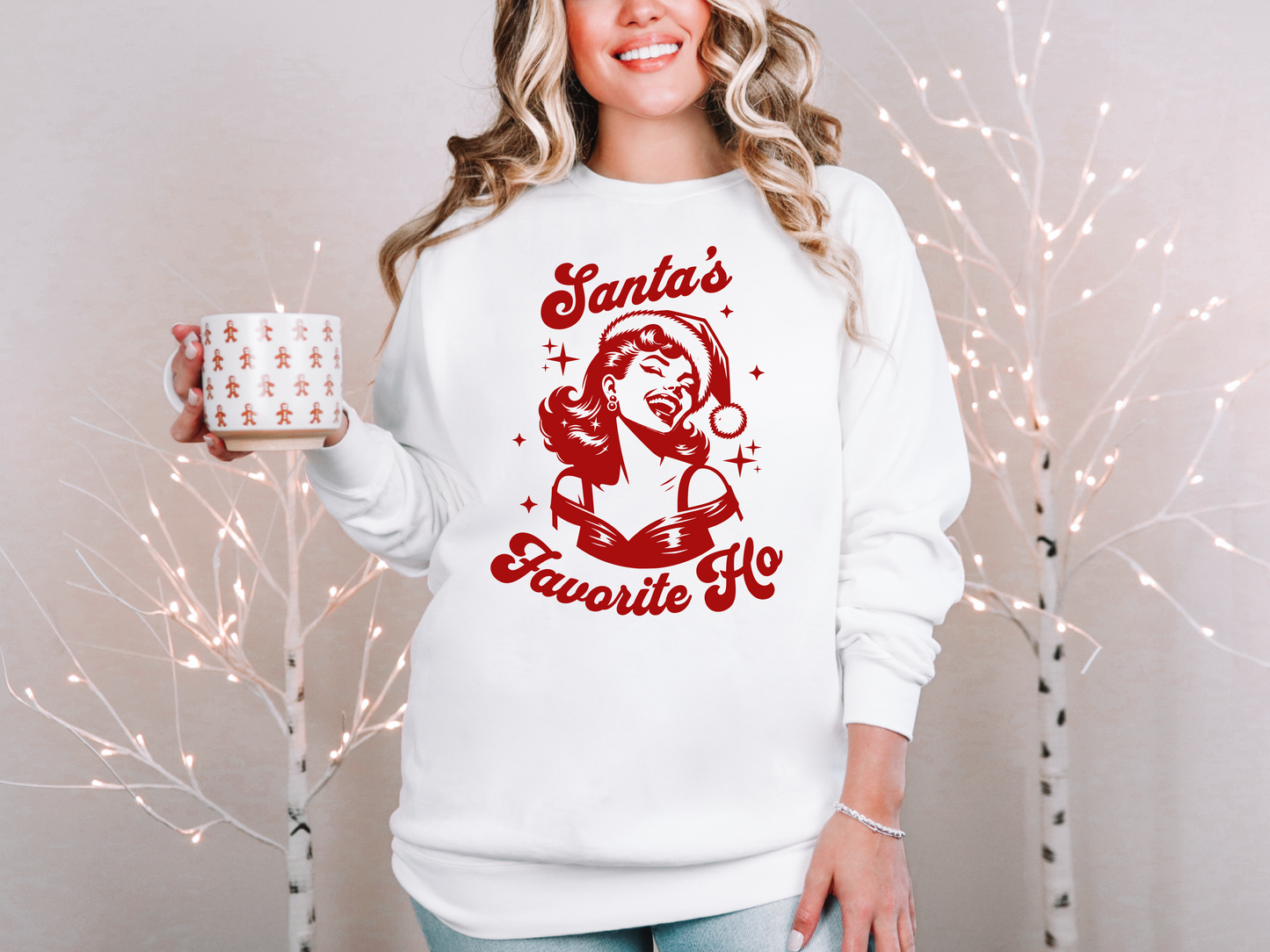 a woman in a santa's favorite sweater holding a coffee mug