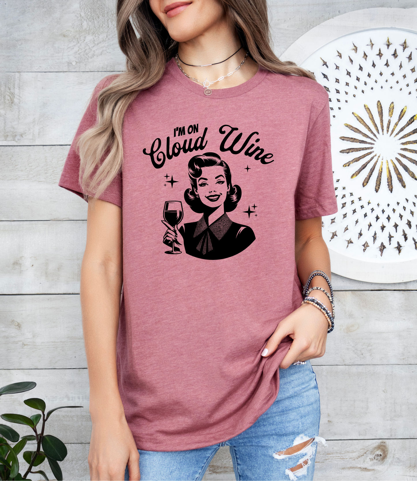 a woman wearing a t - shirt that says, i'm on a wine