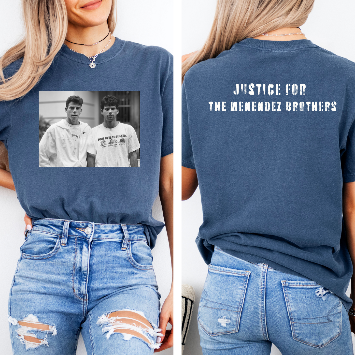 a woman wearing a t - shirt with a picture of two men on it