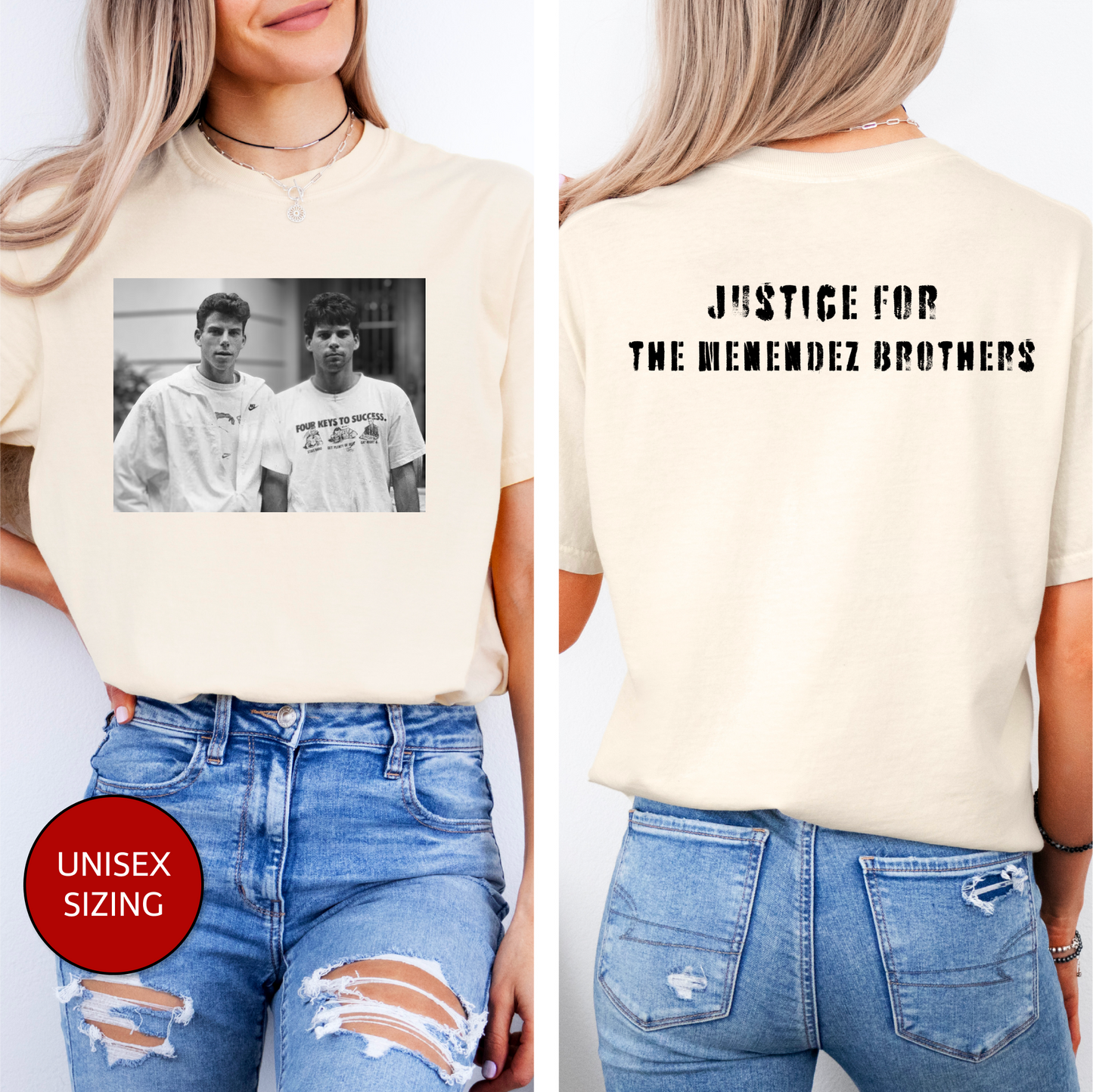 a woman wearing a t - shirt with a picture of two people on it