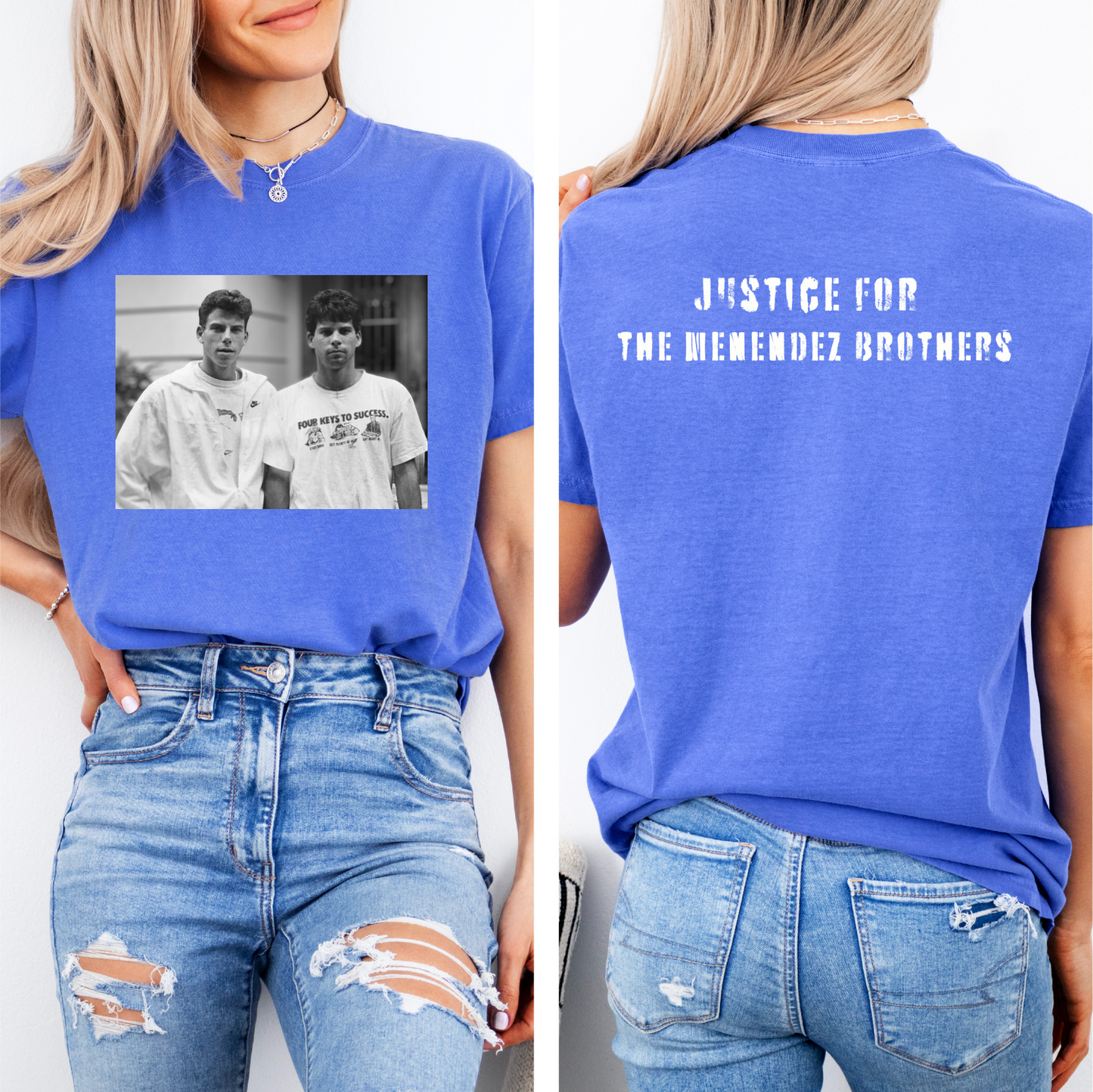 a woman wearing a blue t - shirt with a picture of two men on it