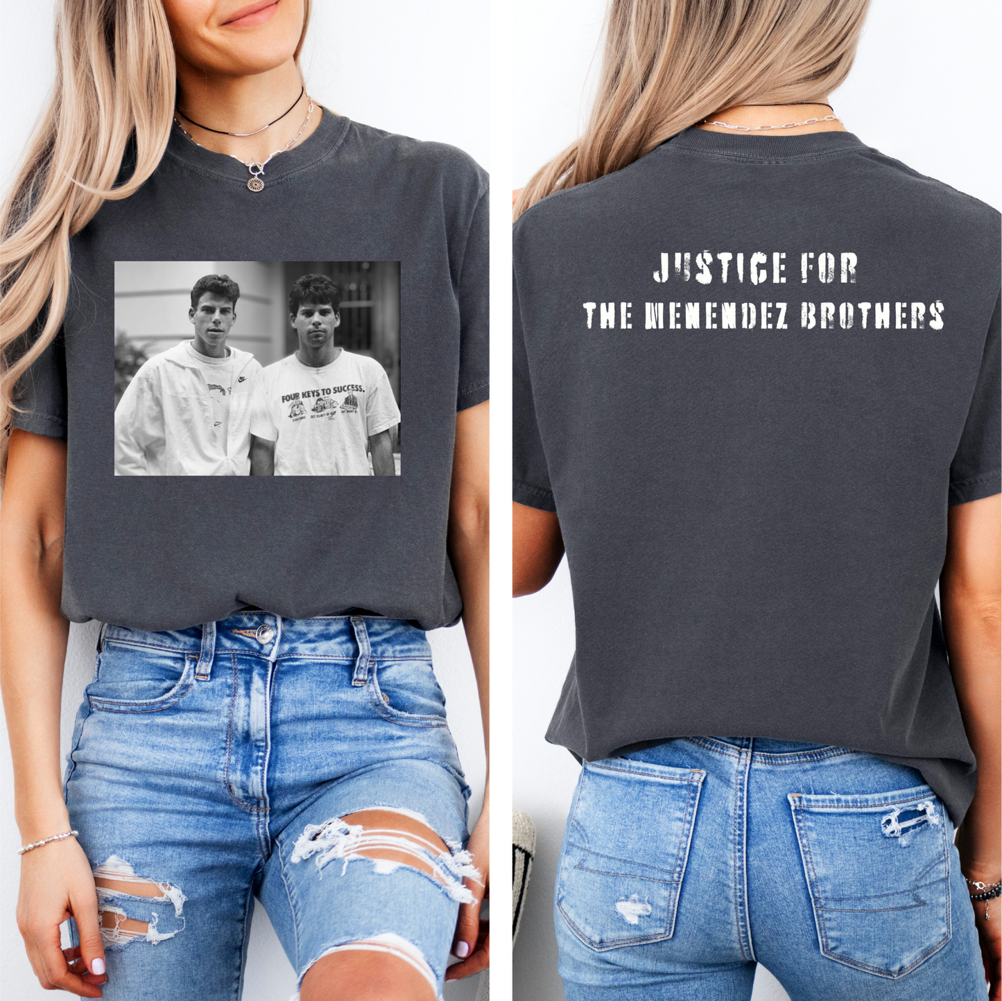 a woman wearing a t - shirt that says justice for the menzie brothers