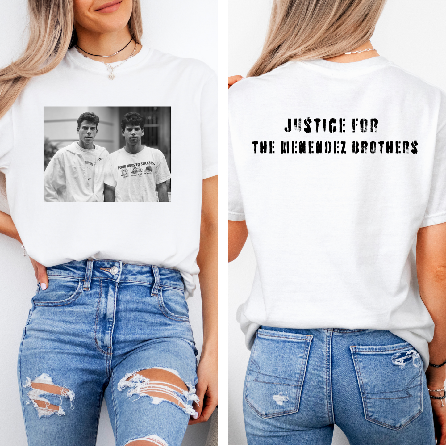 a woman wearing a t - shirt that says justice for the menzie brothers