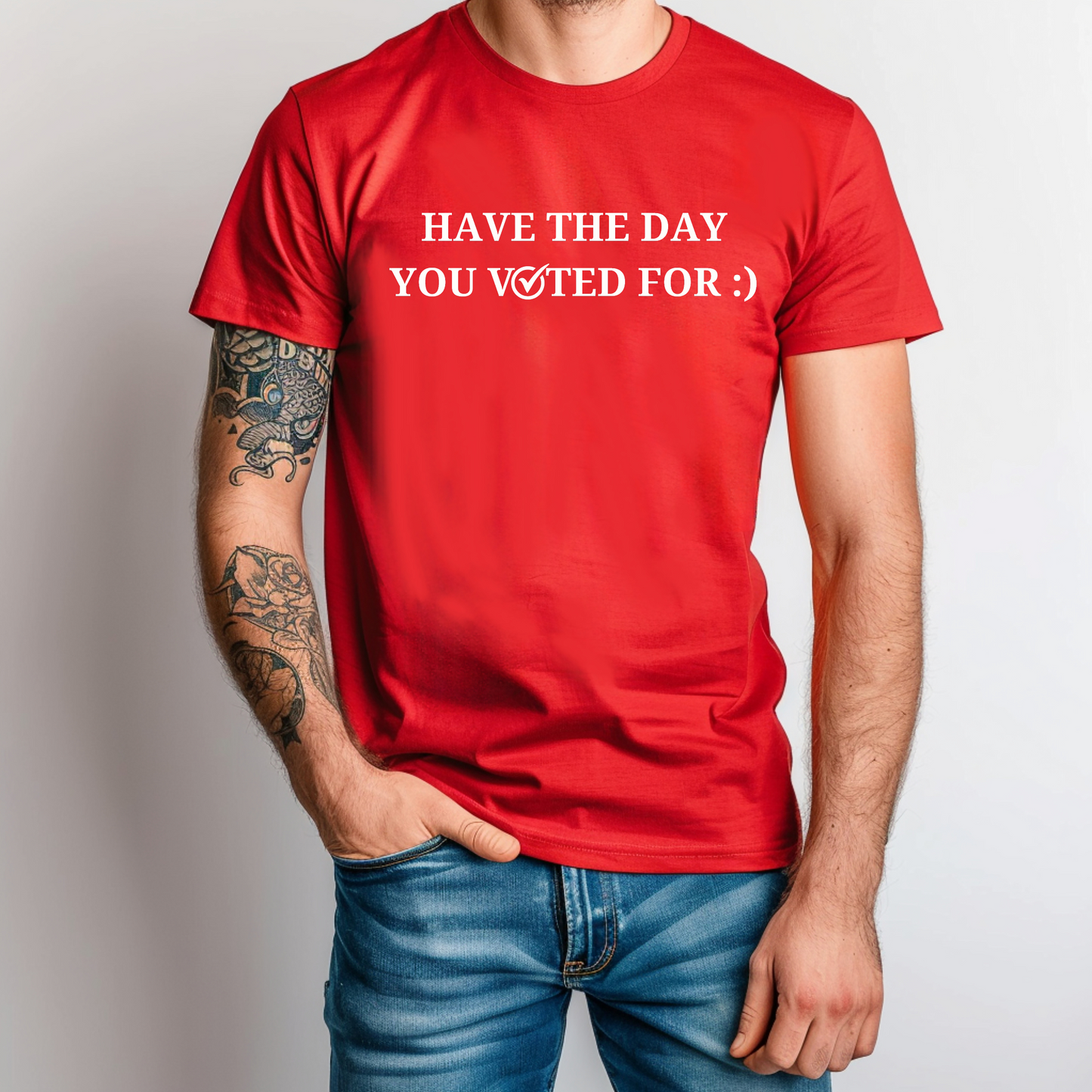 a man wearing a red t - shirt that says have the day you visited for