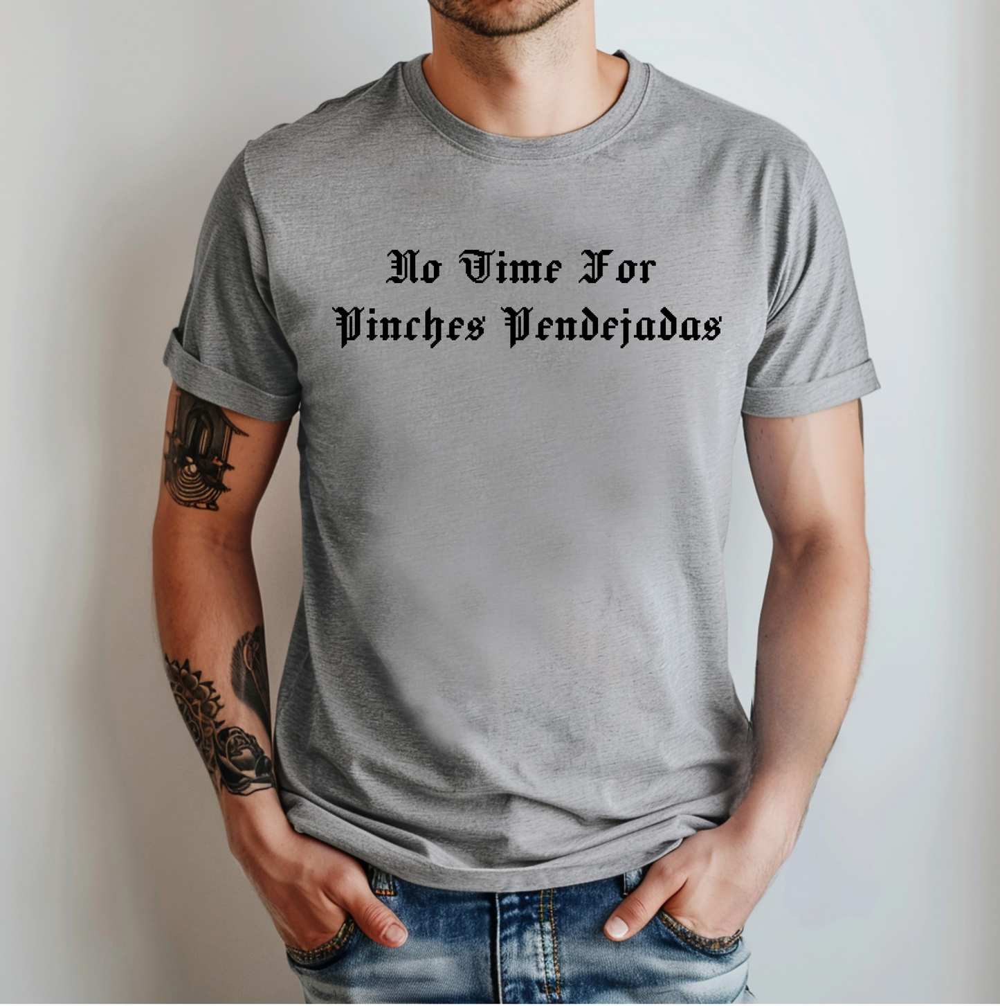 a man wearing a t - shirt that says no time for pincers men