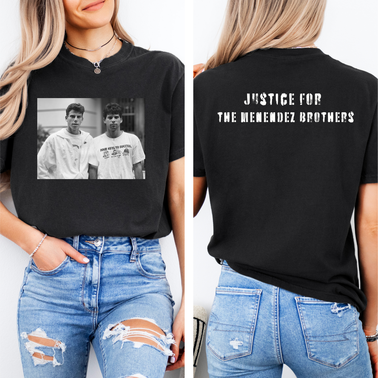 a woman wearing a black t - shirt with a picture of two men on it