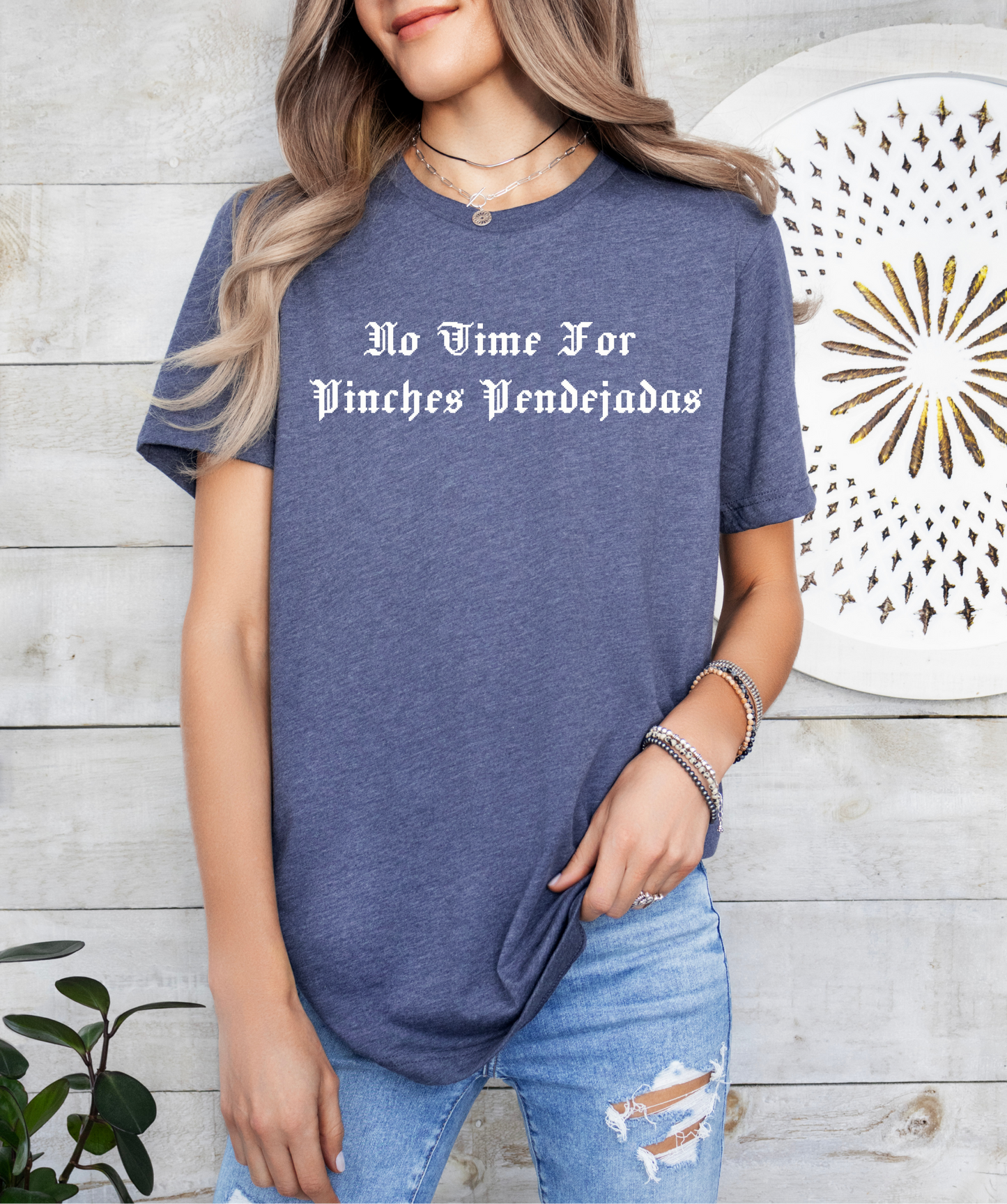 a woman wearing a t - shirt that says no time for wine wednesday