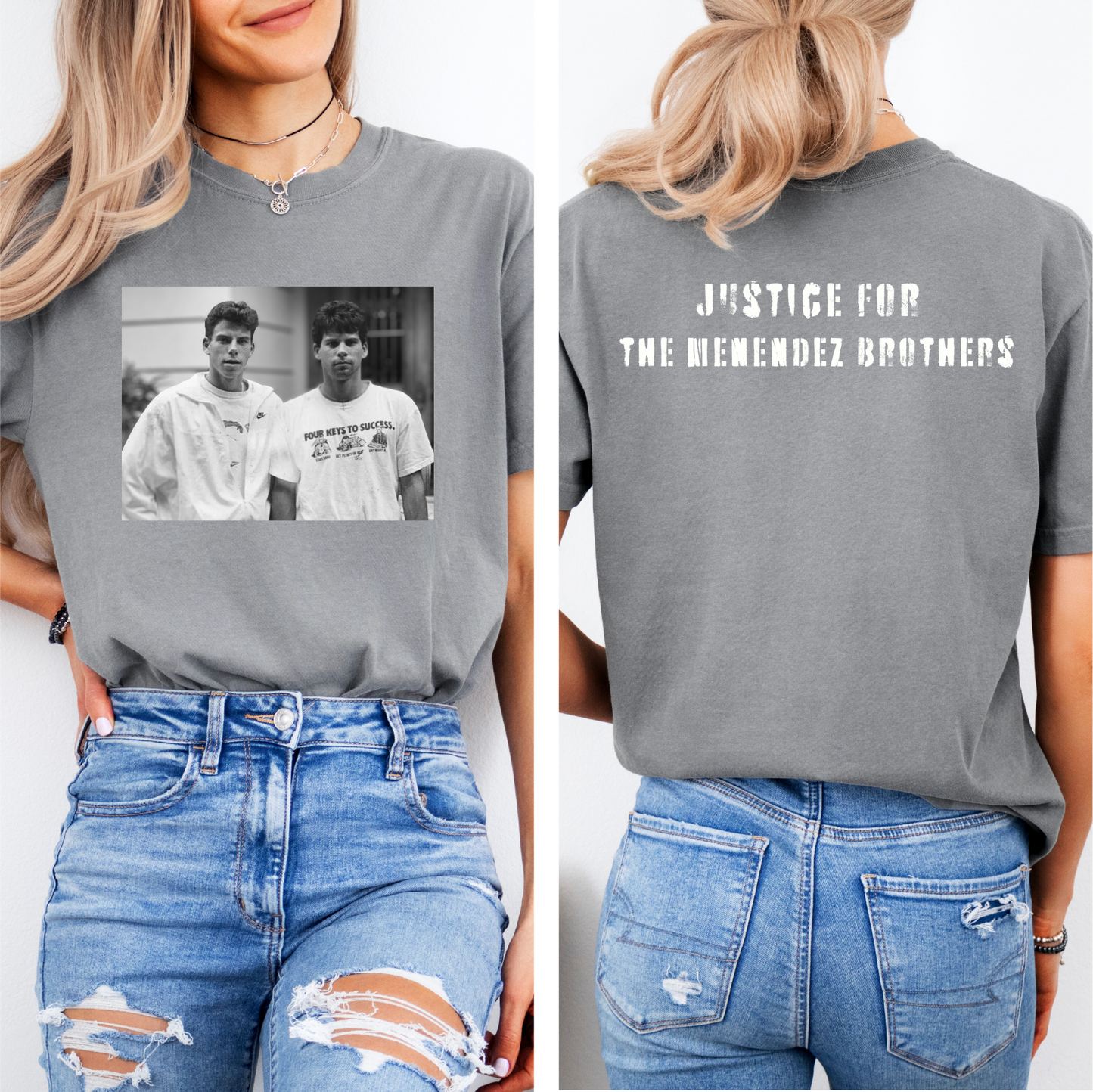 a woman wearing a t - shirt with a picture of two men on it