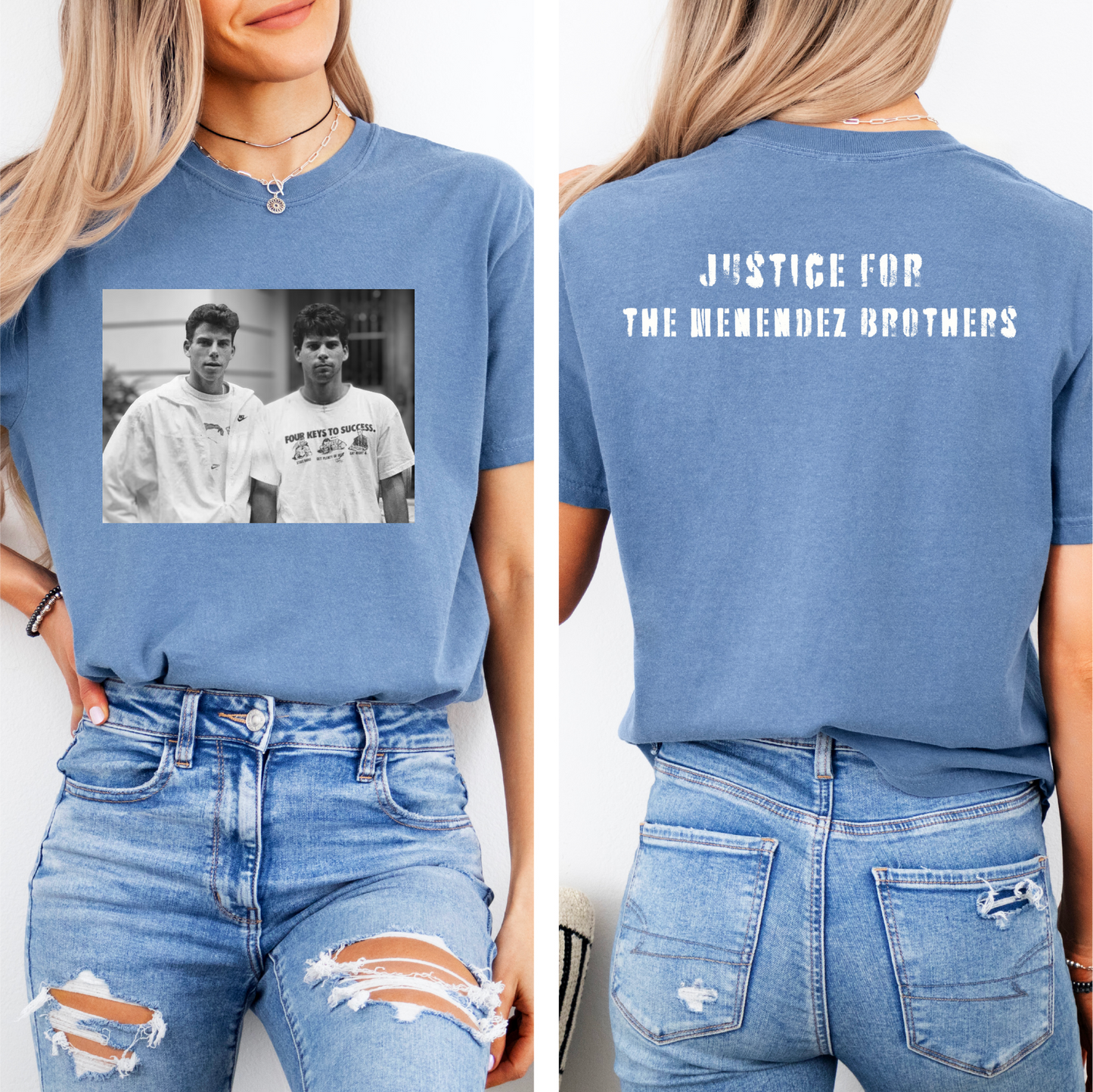 a woman wearing a t - shirt with a picture of two men on it