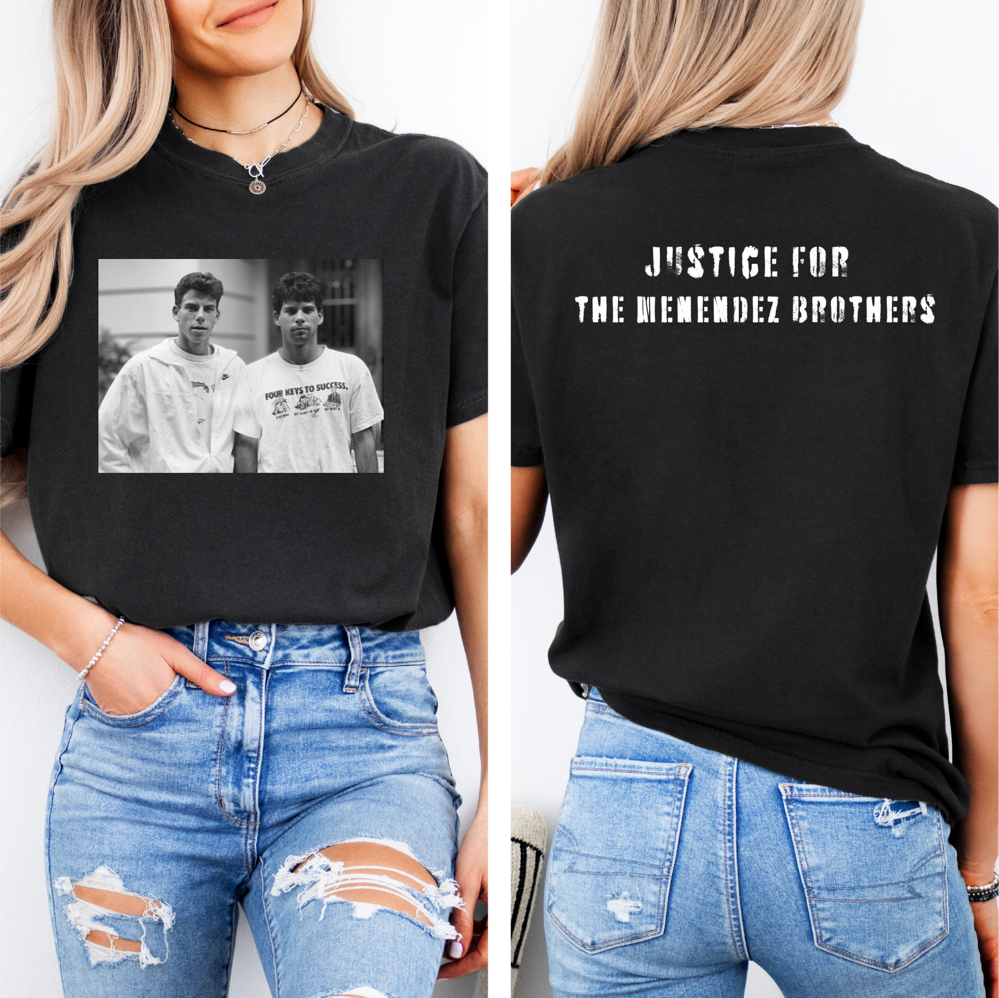 a woman wearing a black t - shirt with a picture of two men on it